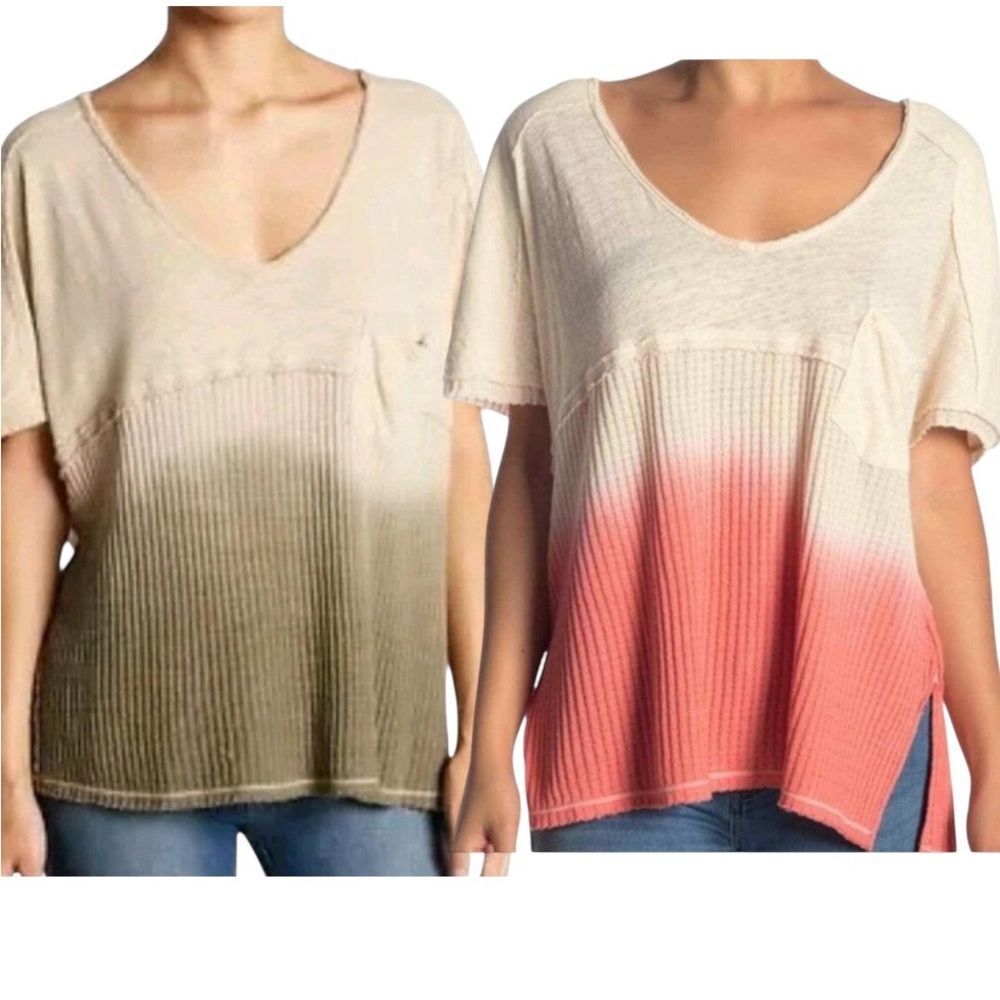 We the‎ free small ombre sun dial dip dye linen blend waffle scoop neck tops (2)